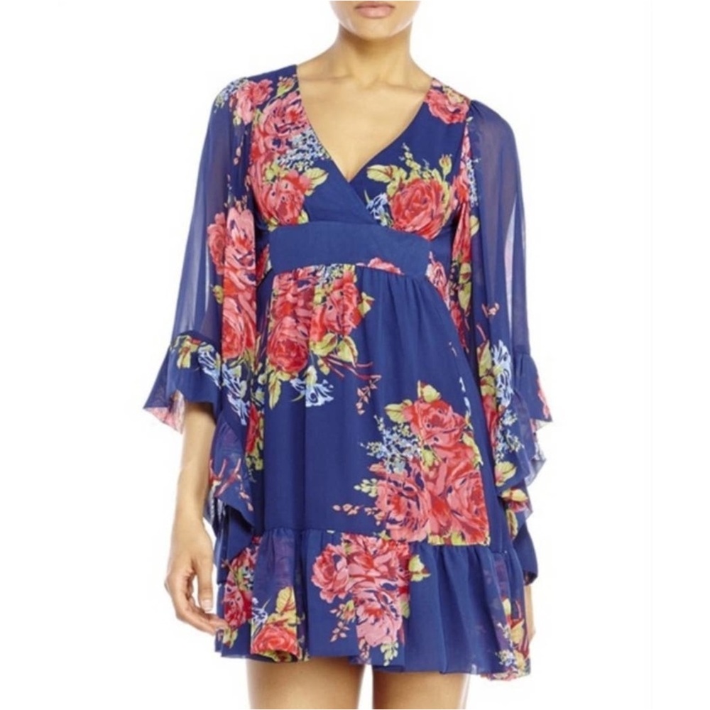Betsey Johnson blue floral Bambi dress with sheer sleeves Size 4